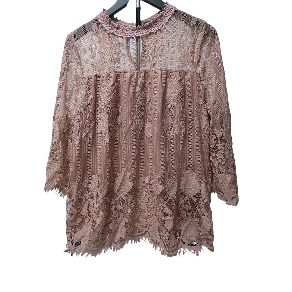 Chance or Fate Women OX Dusty Rose Floral Lace Mock Neck Blouse Boho Mauve Top
